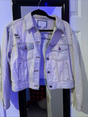 Forever 21 Light Cream Distressed Denim Jacket